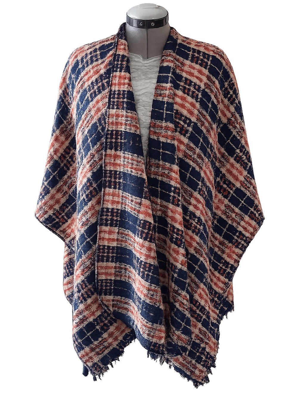 Plaid Fringe Ruana Wrap - Navy and Rust